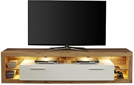 trendteam smart living - TV-Lowboard Fernsehschrank Fernsehtisch groß - Wohnen - Rock - Aufbaumaß (BxHxT) 200 x 48 x 44 cm - Farbe Wotan Eiche Weiß Hochglanz - 182685249