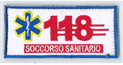 TOPPA PATCH A STRAPPO - SOCCORSO SANITARIO 118 - SCRITTE E DISEGNI RICAMATI - DIM. 9,8 x 4,5 cm