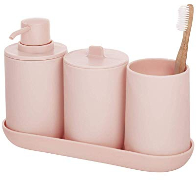 iDesign Cade accessori bagno, Set da 4 in plastica composto da dispenser sapone, portaspazzolini, contenitore cotone e vassoio, rosa, 24,5 cm x 8,9 cm x 16,2 cm