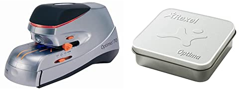 Rexel Optima 70 Elektro-Heftgerät (mit LED Anzeige) silber/schwarz & Optima 70HD Heftklammern in Blechdose 2500 Stück