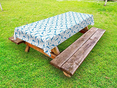 ABAKUHAUS Dino Tovaglia da Esterno, Dinosauri Palme e Vulcano, Tovaglia da Picnic Lavabile Decorativa, 145 cm x 265 cm, Azzurro Blu e Bianco