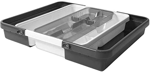 Besteckkasten fur Schubladen aus Kunststoff. Schubladeneinsatz Besteckeinsatz mit 6-9 Fächern. Großer, Ausziehbarer Küchenorganizer. Auf bis zu ungefähr 39 x 32 bis 55 x 7 cm Ausziehbar Creme/Grau