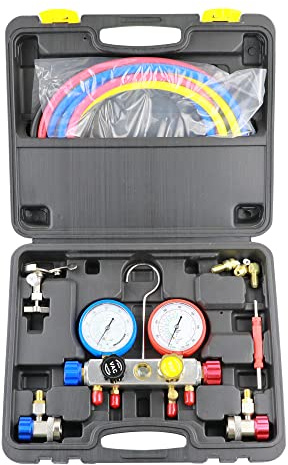 Wisepick 4 Ways AC Diagnostic Tool Kit AC Manifold Gauge Set for R22 R134A R410A, with AC Charge Hose, Tank Adapters, Quiack Couplers