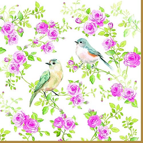20 Servietten Vögel inmitten von Rosen | Blumen | Frühling | Sommer 33x33cm