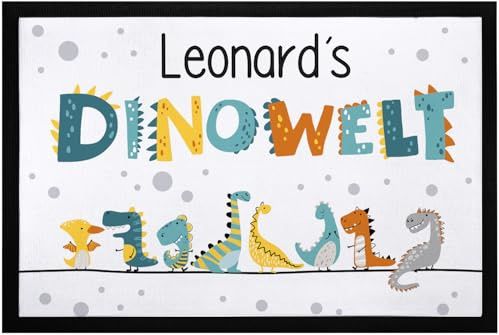 SpecialMe® Fußmatte Kinderzimmer Dinowelt personalisiert mit Name Türvorleger Kind Dinosaurier rutschfest & waschbar Weiss 60x40cm