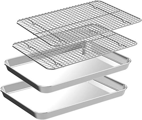 Jelly Roll Pfanne mit Abkühlgestell-Set [2 Backformen + 2 Backbleche], CEKEE Edelstahl-Backblech mit Drahtgestell-Set, kommerzielle Qualität, rostfrei & antihaftbeschichtet, Größe 40 x 30 x 2,5 cm