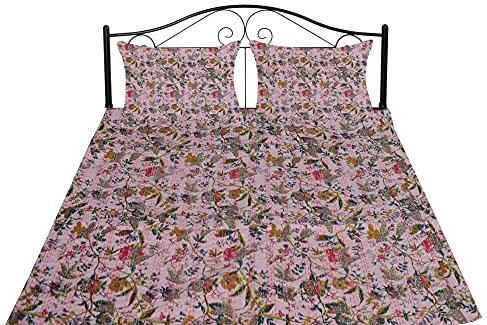 Sophia-Art Kantha-Steppdecke, Kantha-Decke, Bettüberwurf, indisches Paradiesvogel-Motiv, 228,6 x 274,3 cm, mit Kissenbezug, Pink