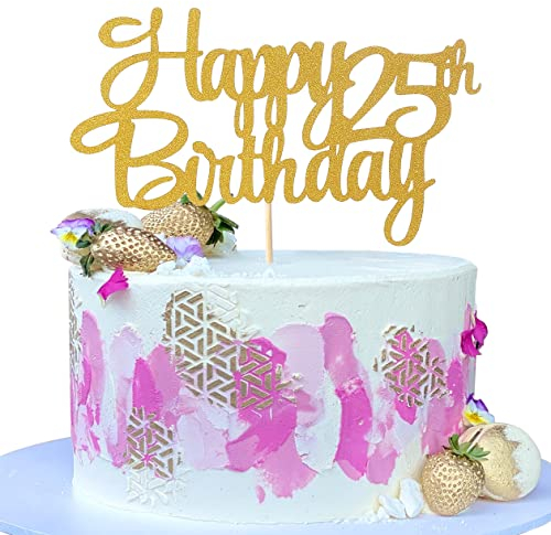 LeeLeeAn Happy 25th Birthday Cake Topper - 25 Jahre Gold Glitzer Dekoration, 1 Stück, Kuchenaufsatz, Geburtstagsparty, Gelb