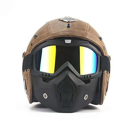 Casque Moto Jet pour Homme et Femme ECE Homologué avec Visière Lunettes Retro Jet Moto Casque Bol Casque Femme Ouvert Adulte Vintage pour Street Bike Cruiser Moped Scooter ( Color : Brown , Size : L )