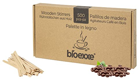 Palitos de madera desechables de bioexxe, palitos cafe biodegradables y compostables, resistentes al calor (500 en caja)