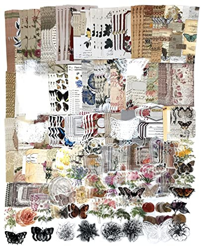 Esweny 260PCS Vintage Journaling Scrapbooking Supplies Scrapbook Sticker Paper Ephemera Pack for Junk Journal Planners Collage Craft Notebooks Album (Flowers and Butterflies)