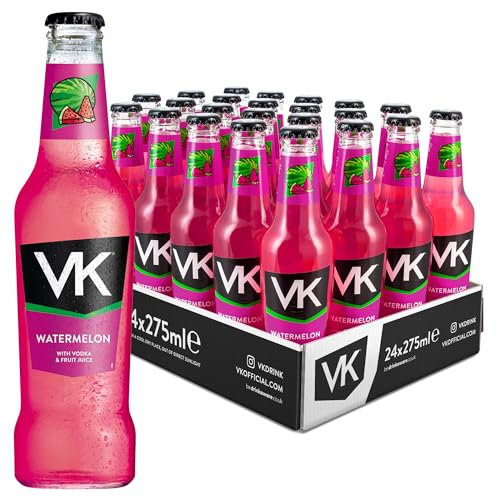 VK Alcopop Bottles 24 x 275ml Case - VK Watermelon - Fruity Vodka Based Alcopop Premixed Drink, 3.4% ABV Ready To Drink Melon Flavour