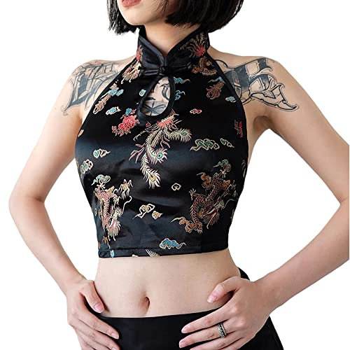 SINROYEE Haut court sans manches pour femme avec broderie dos nu chinois Cheongsam (S, noir)
