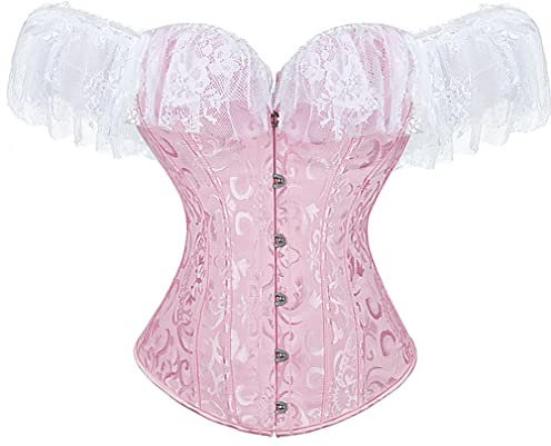 Grebrafan Corset avec Bretelle Bustier Broderie Gothique (EUR(36-38) L, Rose)