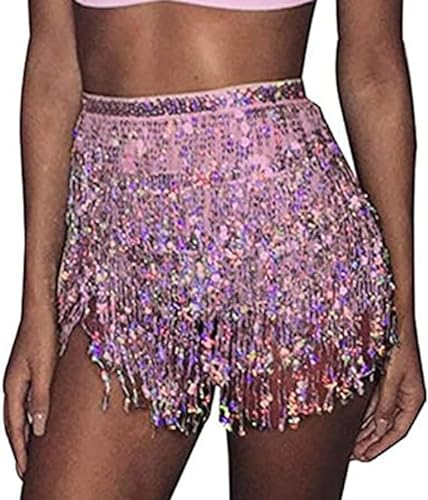 Damen Rock Pailletten Quasten Rock Karneval Kostüm Rave Rock Bauchtanz Kostüm Bauchtanz Mini Rock Hüftschal, Festival Rave-Outfit für Frauen und Mädchen (Pink, One Size)