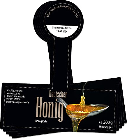 Apoidea – Honig Etiketten 500g mit Gewährverschluss selbstklebend & personalisierbar - 500 Stück/Etiketten Honiggläser/Honig Aufkleber für selbstgemachten Honig/Honigetiketten für Honiggläser