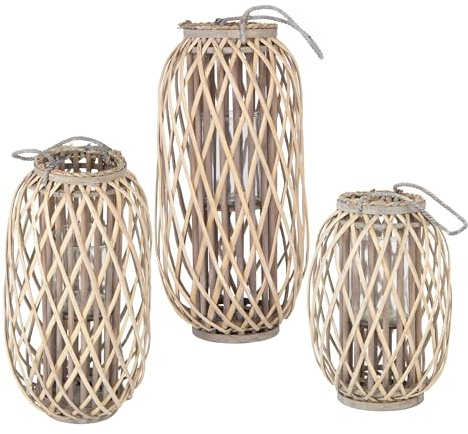 ECD Germany 3er Set Laterne Ried 40xØ26cm/50xØ28cm/60xØ30 cm mit Henkel, Natur Holz, Flechtoptik, Rattan Windlicht Glaseinsatz, Retro-Laterne, Handgeflochtene Gartenlaterne Kerzenhalter Kerzenständer