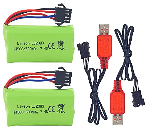 MOONZON 2PCS 7.4V 500mAh Lithium Battery with SM-4P 4 pin Plug USB Charging Cable for EC16 DE85 Remote Control Off Road Truck RC Car