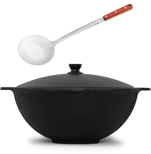 Kazan aus Gusseisen 8 L mit Schaumkelle NAMANGAN Kasan Uzbekisch mit Deckel Cast Iron KESSEL Uzbek Camping Usbek Schwenktopf Asia WOK Topf mit Aluminium Deckel Grillwok Gusstopf Wokpfanne
