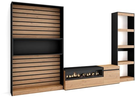 Skraut Home | Muebles de Salón para TV | Conjunto de Muebles Comedor | 320x186x35cm | Chimenea eléctrica | Estilo Moderno | Roble y Negro