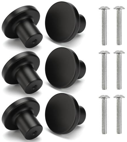 ABRVUAHM 6 Pcs Round Cabinet Knobs, Black Simple Drawer Knobs, Cupboard Handles, Door Kitchen Hardware Knobs Single Hole Handle with Screws for Home Decorating, Cupboard, Wardrobe (30mm*25mm)