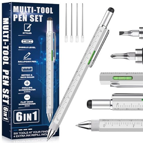 Cadeau cool pour homme et femme, stylo multifonction 6 en 1 pour lui, père, grand-père, mari, petit ami, gadget multifonction unique, cadeau de la part de sa fille, épouse, fils (argenté)