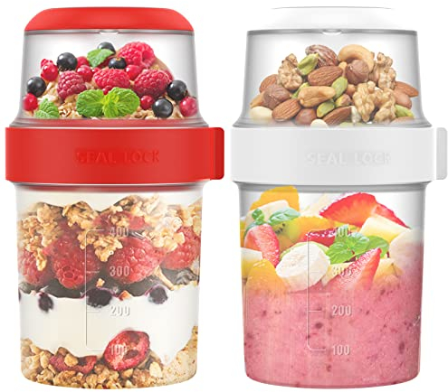 Alongen 2Pack Overnight Oats Container, 560ML Yogurt Pots Reusable With Lids,BPA free Breakfast Pots to GO Cereal On the Go Dishwasher Safe Lunch Oatmeal Jars for Salads Fruit Cereal Milk Porridge