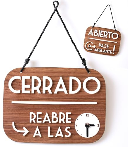 3DP Cartel Abierto Cerrado Vuelvo enseguida con Ventosa - Horario Comercial modificable con dial y manecillas (Madera de Nogal, Español)
