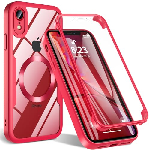 ottpluscase für iPhone XR Hülle mit MagSafe, Magnetisch Handyhülle iPhone XR mit Eingebautem Displayschutz, 360 Rundumschutz Stoßfest Outdoor Case Cover Schutzhülle für iPhone XR 6.1,Rot