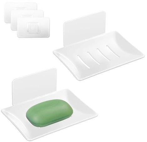 Realand Lot de 2 porte-savons en forme de barre - Porte-savon de douche auto-adhésif pour mur de douche - Plateau de savon rectangulaire en aluminium - Blanc