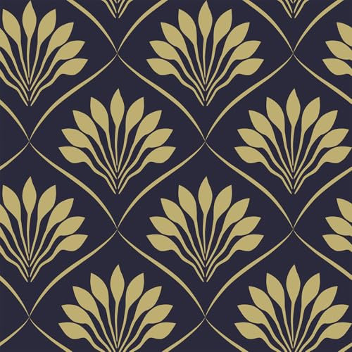 VaryFloral Mid Century Wallpaper Peel and Stick Navy Blue Yellow Geometric Floral Wallpaper Removable Retro Victorian Wall Paper for Bedroom Cabinet Decorative Vintage Contact Paper 12x118