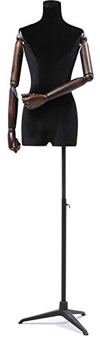 Weiblicher Schaufensterpuppen-Torso, Kleiderform, Kleiderständer mit schwarzem Stativ und Holzarmen, schwarz (Farbe: mit Naturholzarmen), wunderschöne Landschaft (mit antiken Holzarmen) (mit antiken
