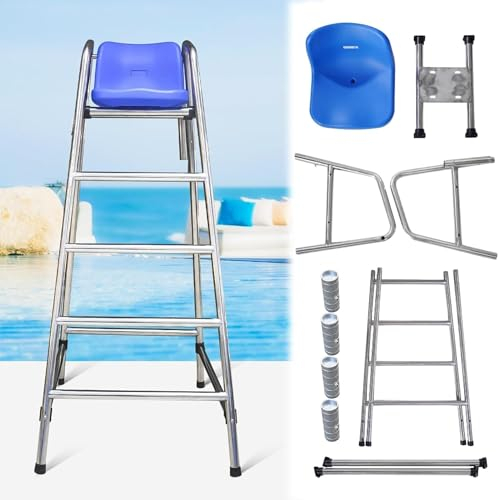 AviiSo Scaletta 180 cm di Altezza Sedia del Bagnino, Sgabello da Bar Portatile in Acciaio Inossidabile per Esterni con Sedile Comodo per Piscina Fuori Terra/interrata, Carico 330 kg