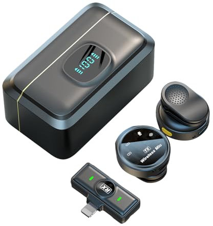 Andoer Wireless Microphone with Charging Case and Digital Display Transmitter One-Trigger-Two 2.4G Magnetic Attachment Clip on Microphone for Smartphone Noise Cancelling for iPhone