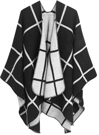 DiaryLook Ladies Printed Poncho Cape Reversible Oversized Shawl Wrap Open Front Cardigans for Women dark/white