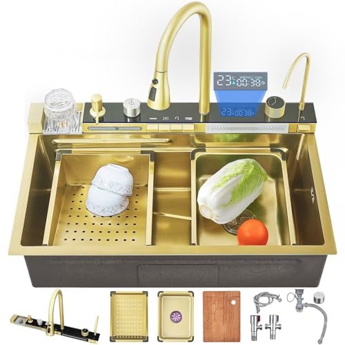 Ribanedy 85 cm Gold Smart Digital Display Waterfall Sink, 304 Stainless Steel Modern Kitchen Sink with 5 Water Outlet Modes, Waterfall Pull-Out Faucet, Cup Washers and Other Sink Accessory Set