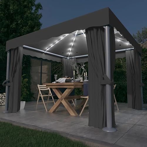 Sufrk Pavillon mit Vorhängen & LED-Lichterkette Pavillon Beleuchtung Partyzelt Gartenpavillon Pavilliondach Gazebo Canopies 3x3 m Anthrazit