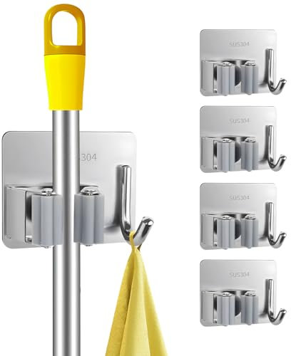 Mop Besenhalter ohne Bohren, 304 Edelstahl, Besen-Organizer, Wandhalterung, robuste Haken, rutschfeste Besenaufhänger, 4 Stück, selbstklebend für Badezimmer, Küche, Schrank, Garten, Garage (grau)