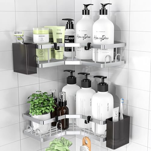 PKBD Corner Shower Caddy 2 Pack - Bathroom Storage No Drilling With Soap Holder, Hooks and Toothpaste Holders for Kitchen - Rustproof Stainless Steel Suction Accessories, Silver