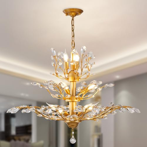Ganeed Kristall Kronleuchter Vintage Pendelleuchte Kristall Kronleuchter Leuchten Deckenleuchte für Wohnzimmer Schlafzimmer Restaurant Veranda Flur Gold 11 Lichter