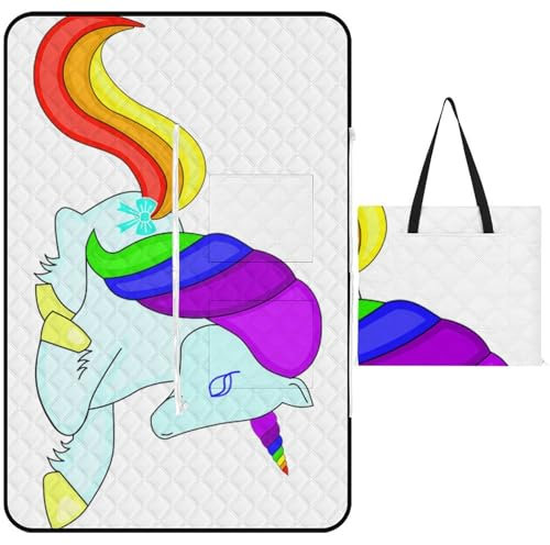 JZemdybill Picknickmatte mit Reißverschluss, Einhorn-Regenbogen, niedliche Picknickdecke, Outdoor-Teppiche, 150 cm x 100 cm