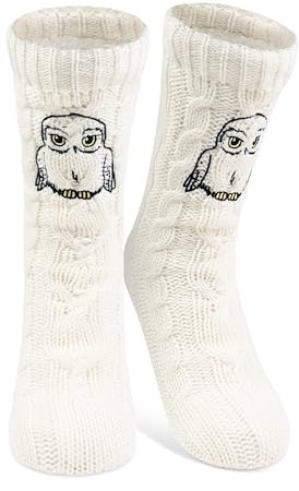 Harry Potter Hüttensocken - Hedwig Strick Haussocken mit Sherpa Futter für Damen Kuschelsocken Flauschige Wintersocken warme Frauen Socken OneSize Weiß
