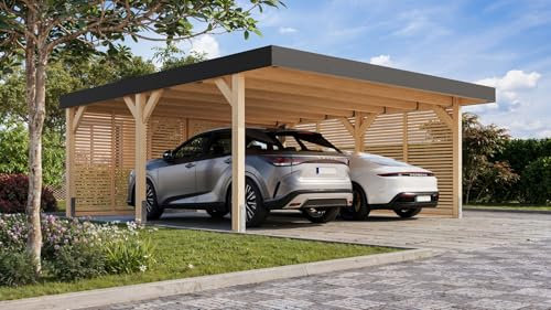 CHILLROI® Karibu Leimholzcarport mit EIN oder Zwei Stellplätzen, optional mit Seitenwänden (Doppelcarport - mit Seitenwänden)