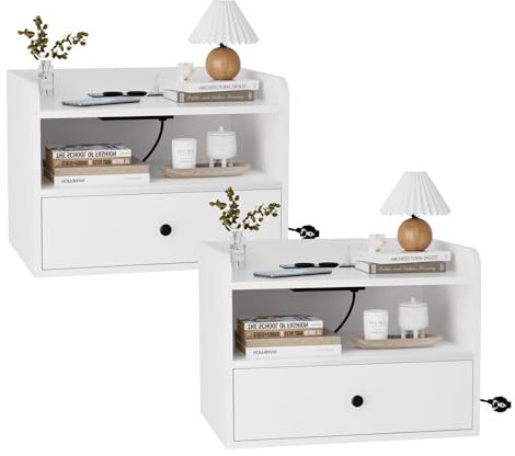 FiveWillowise Nachttisch Hängend 2er Set, Nachtschrank mit Schubladen, USB-Anschlüsse, Nachtschrank mit Ladefunktion, Wandmontage Nachtkommode Nachtkästche Modern für Schlafzimmer, Weiß