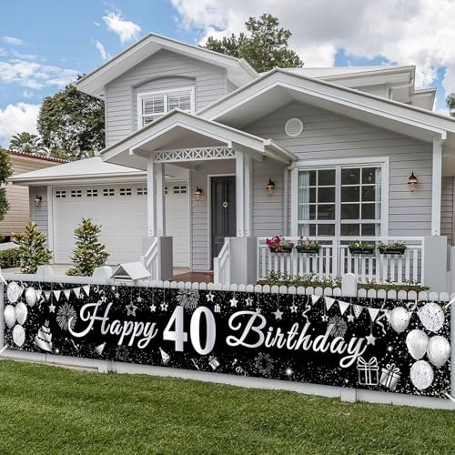 PartyYaa 40. Geburtstag Banner, 40. Geburtstagsbanner Deko, Extra Großes Happy Birthday Banner Party Fotoautomaten Hintergrund Deko Schild Poster für Männer und Frauen (Silber Schwarz)