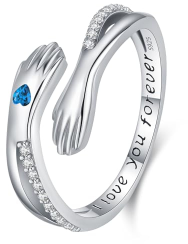 Umarme Ring, Damen März Geburtsstein Umarmungenring 925 Sterling Silber Verstellbarer Hände Rings und offenen Schmuck, Geschenke für Mütter, Schwestern und lieben