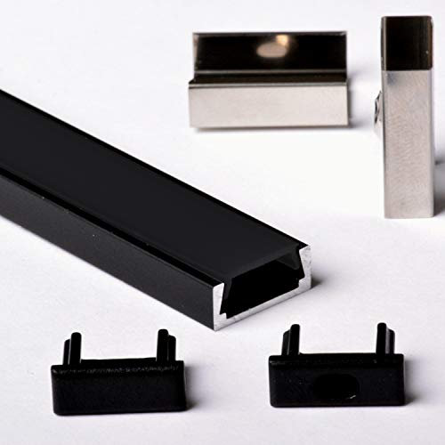 AFTERTECH 1metro 1506N 15x6mm Profilo Alluminio Nero Piatto con Copertura 1m Per Strisce Strip LED Barra Rigida 1MT + Cover Nera (1x 1m 1506N Nero)
