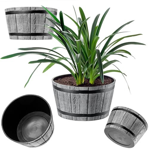 KADAX Pflanztopf im Holzfass-Design, ø 50cm, aus wetterfestem Kunststoff, für Garten, Terrasse & Balkon, dekorativer Blumentopf, Blumenkübel oder Übertopf, Hellgrau, Teich mit Wassereimer