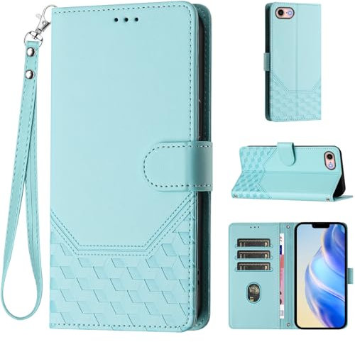 Alkax for iPhone SE 2022/SE 2020 Case Wallet, for iPhone 8/7 Case with [RFID Blocking Card Holder Slots] Kickstand Magnetic Wrist Strap Leather Flip Cover for iPhone 7/8/SE 2nd/SE 3rd Gen, Teal