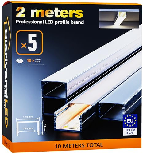 ClarivantiLED 2m×5 Profilé Aluminium LED Rail avec Diffuseur Goulotte et Profile Alu pour Ruban LED Profilé en U pour Installation Facile Support LED Couvercle Blanc Embouts et Clips Montage